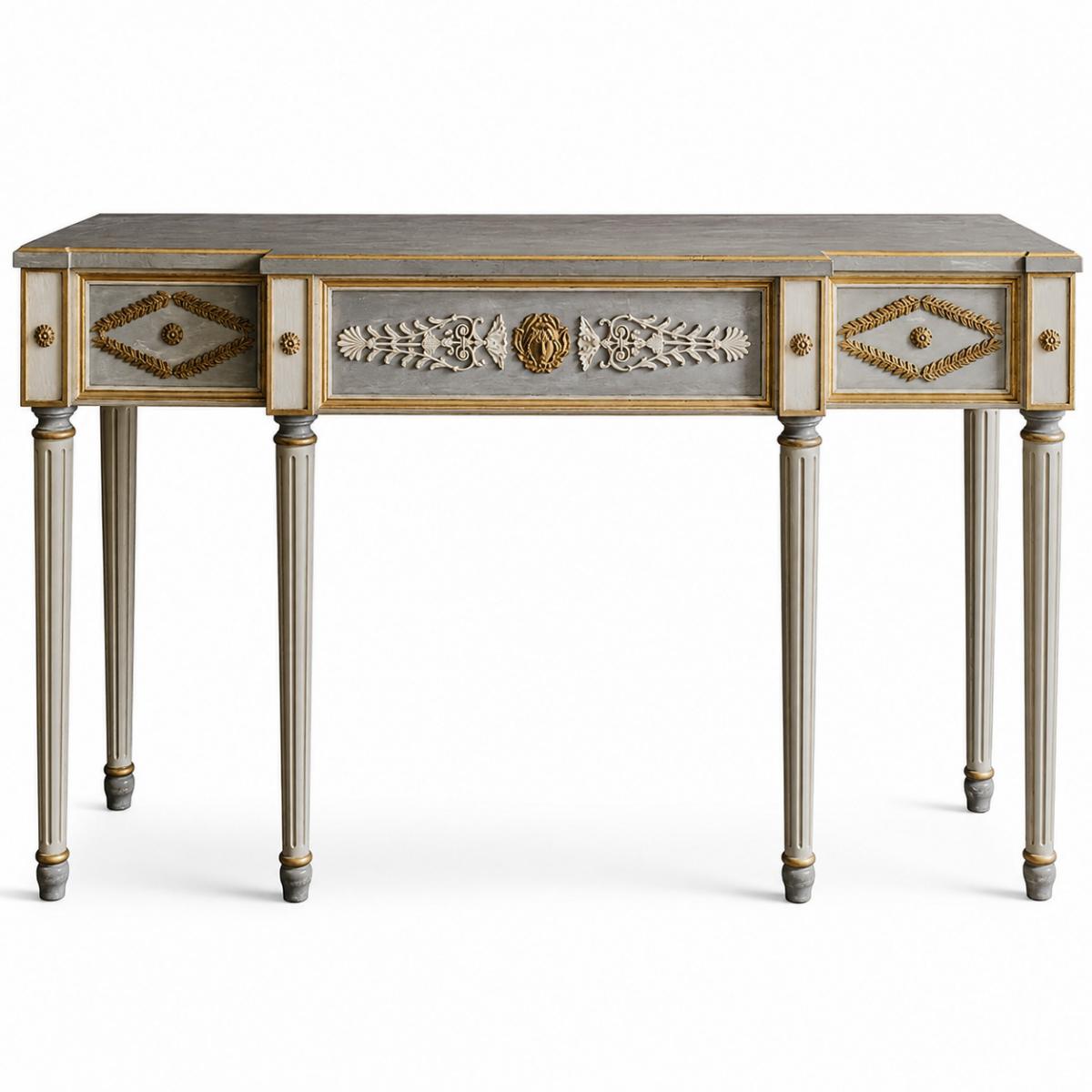 Grey & Golden Luxury Neoclassical Console Table with Ornate Relief Panel by Luxury Group International