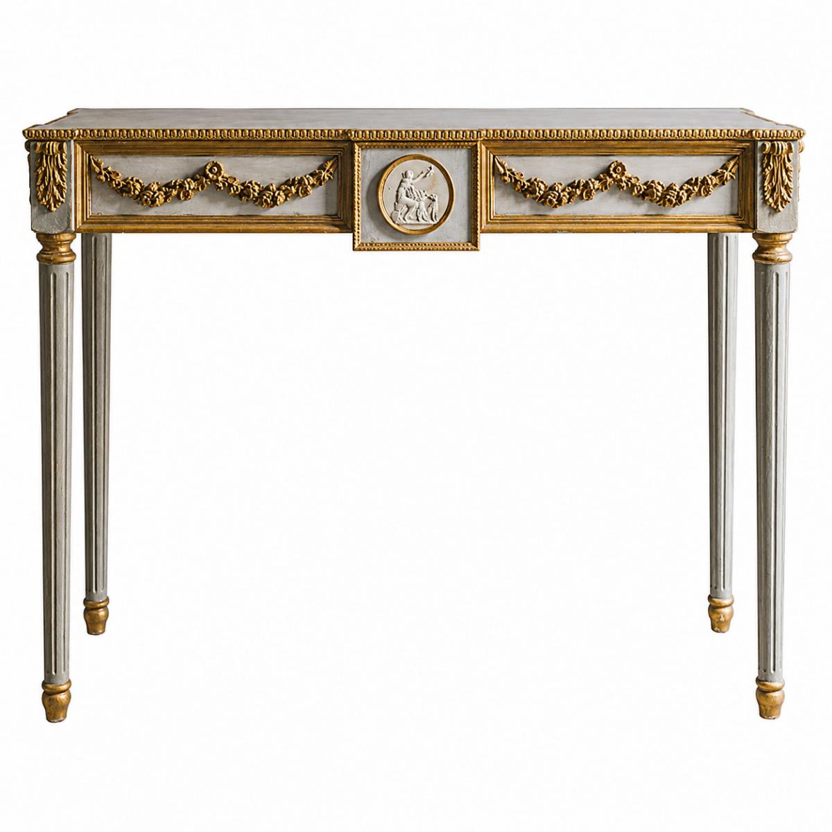 Luxury Neoclassical Console Table with Gold Garland Detailing and Fluted Legs by Luxury Group International
