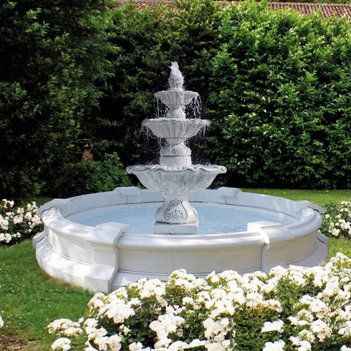 Fuente de Agua Ornamental Barroca de Tres Niveles con Depósito Circular - Fuente Barroca Vista frontal por Luxury Group International