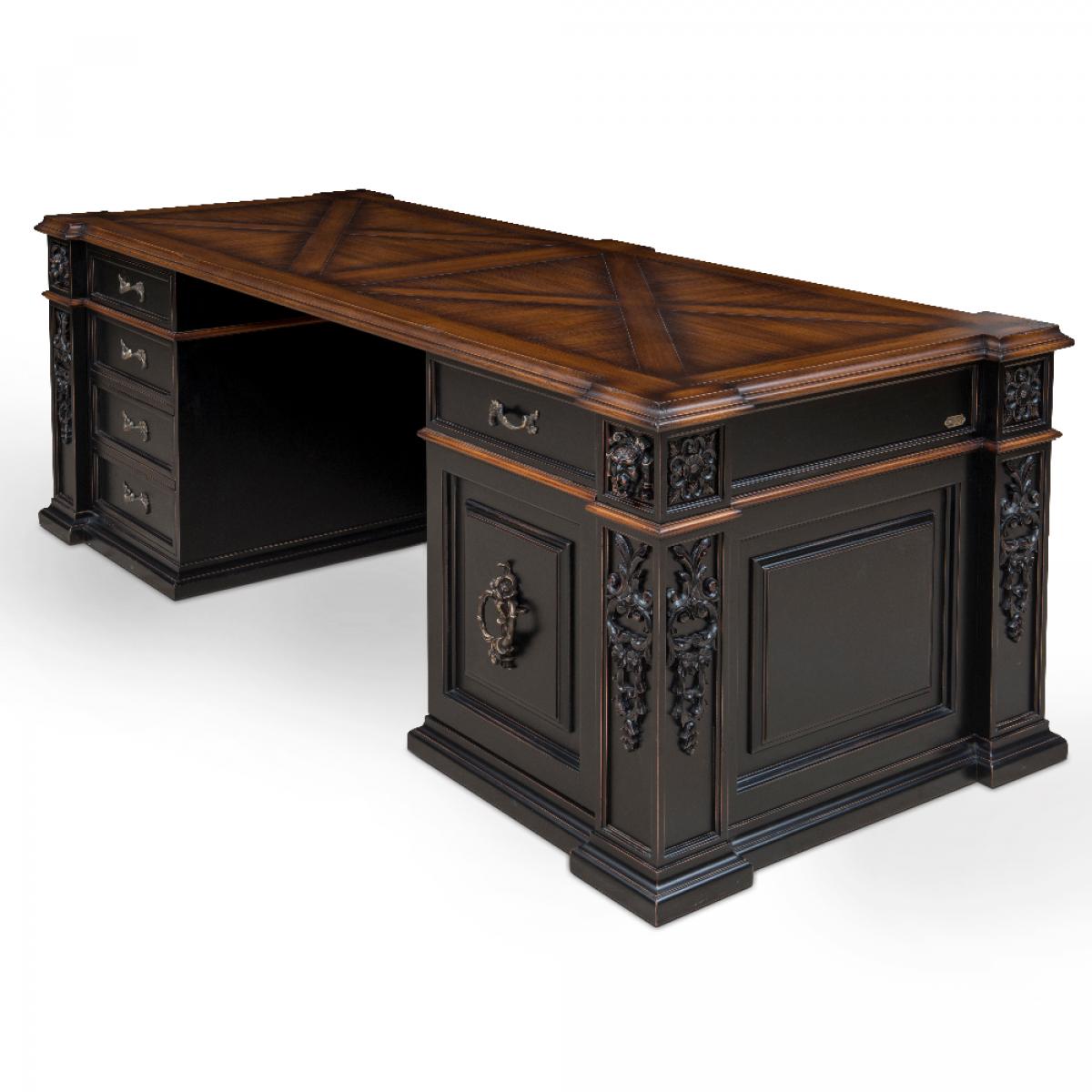 Bureau exécutif orné de luxe en chêne foncé avec sculptures en relief baroque et plateau en noyer Vue de face par Luxury Group International