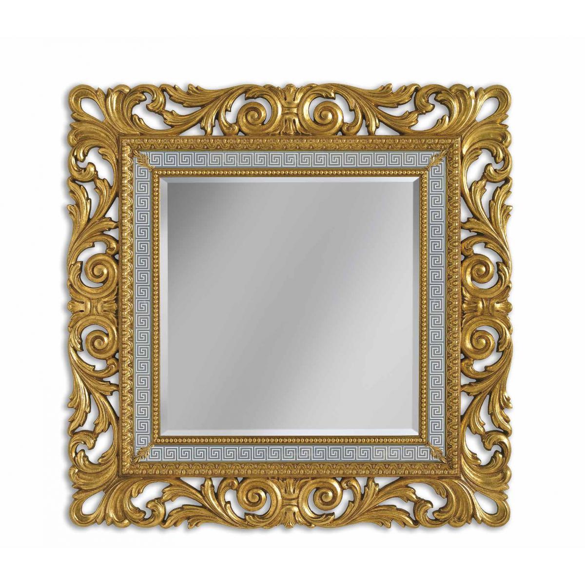 Luxury Ornate Gold Baroque Wall Mirror with Sculpted Leaf Frame & Silver Greek Key Trim - Baroque Mirror Front View by Luxury Group International