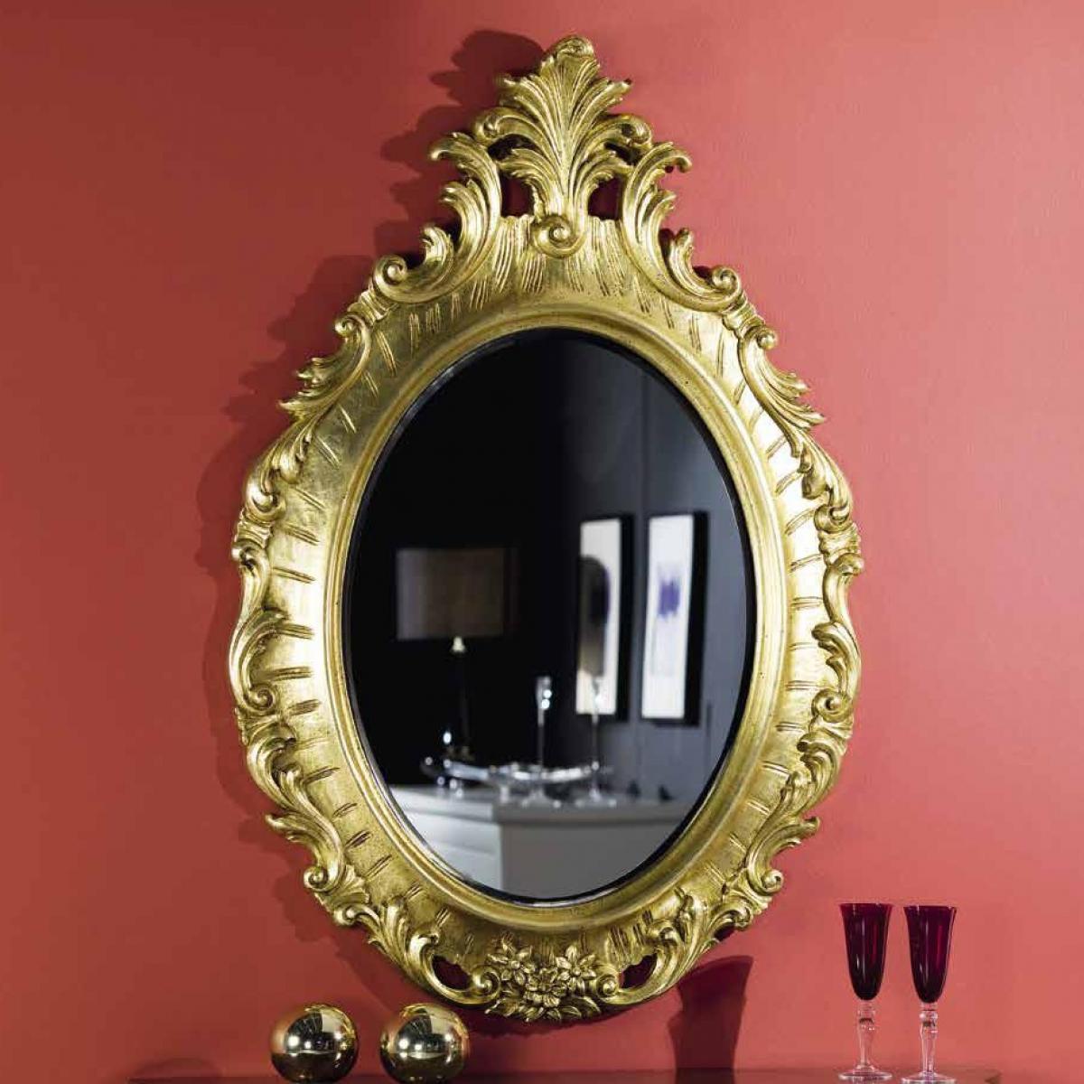 Luxury Oval Baroque Gold Wall Mirror with Tall Acanthus Crown & Ornate Leaf Ribbed Frame - Baroque Mirror Front View by Luxury Group International