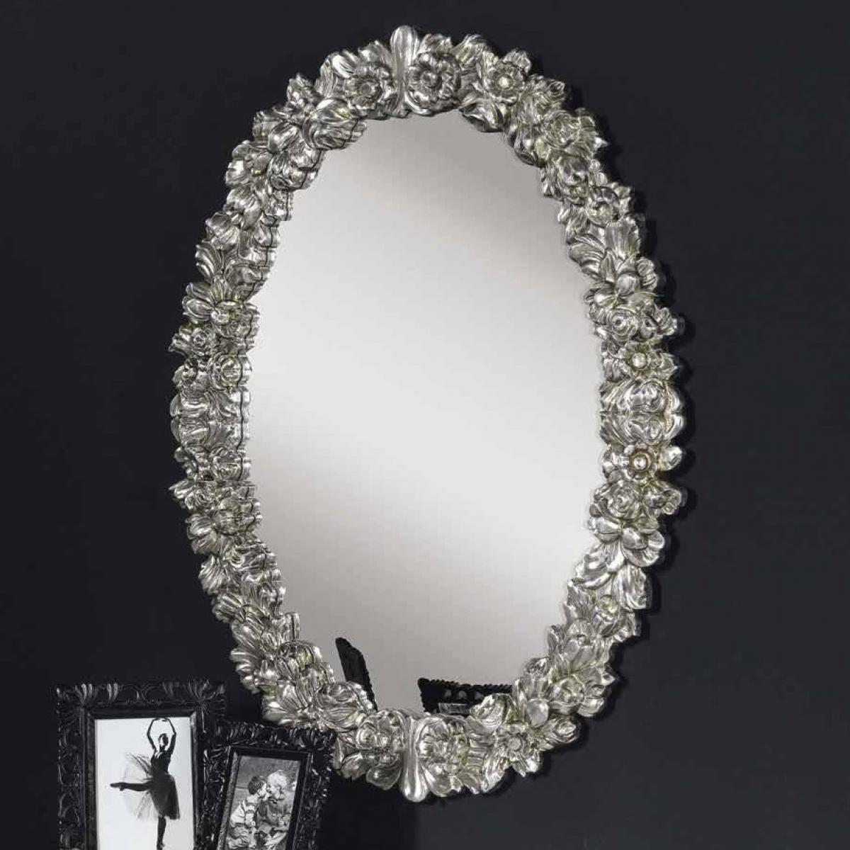 Luxury Oval Baroque Wall Mirror in Silver Floral Frame - Baroque Mirror Front View by Luxury Group International