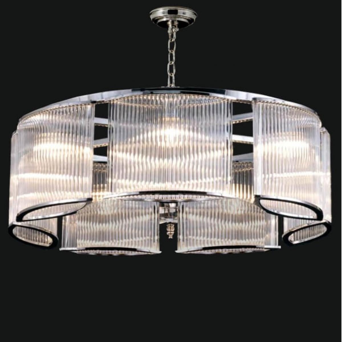 Luxuriöser, polierter Chrom Art Deco gerippter Glas-Trommel-Kronleuchter für Wohnkultur von Luxury Group International