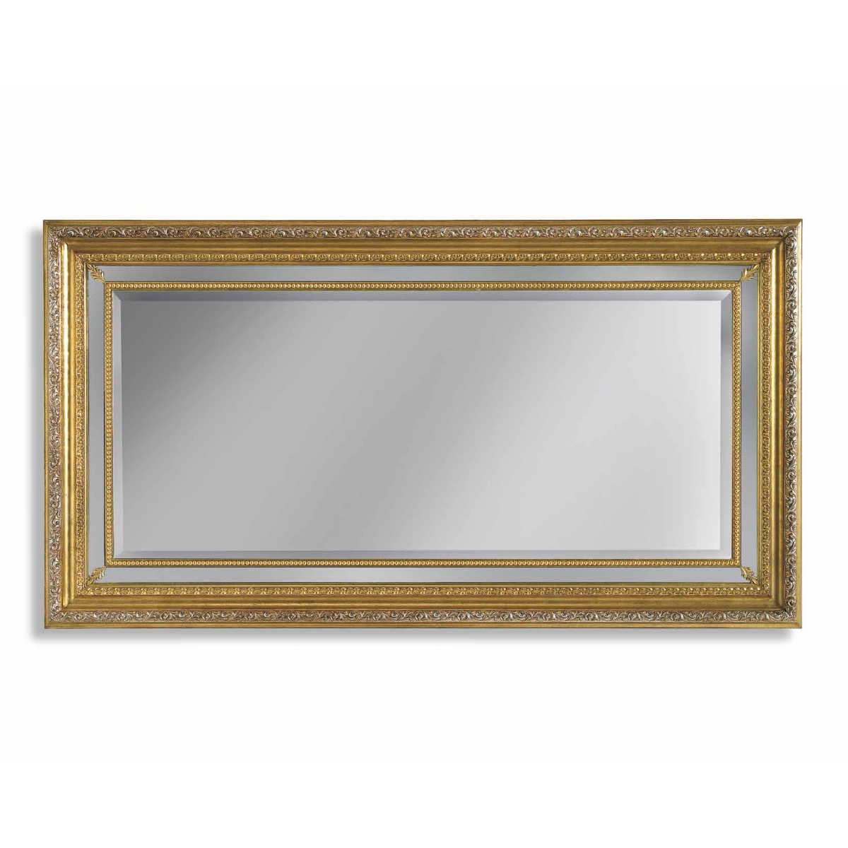 Luxury Rectangular Baroque Wall Mirror with Double-Layer Gilded Frame and Silver Scroll Border - 194 CM by Luxury Group