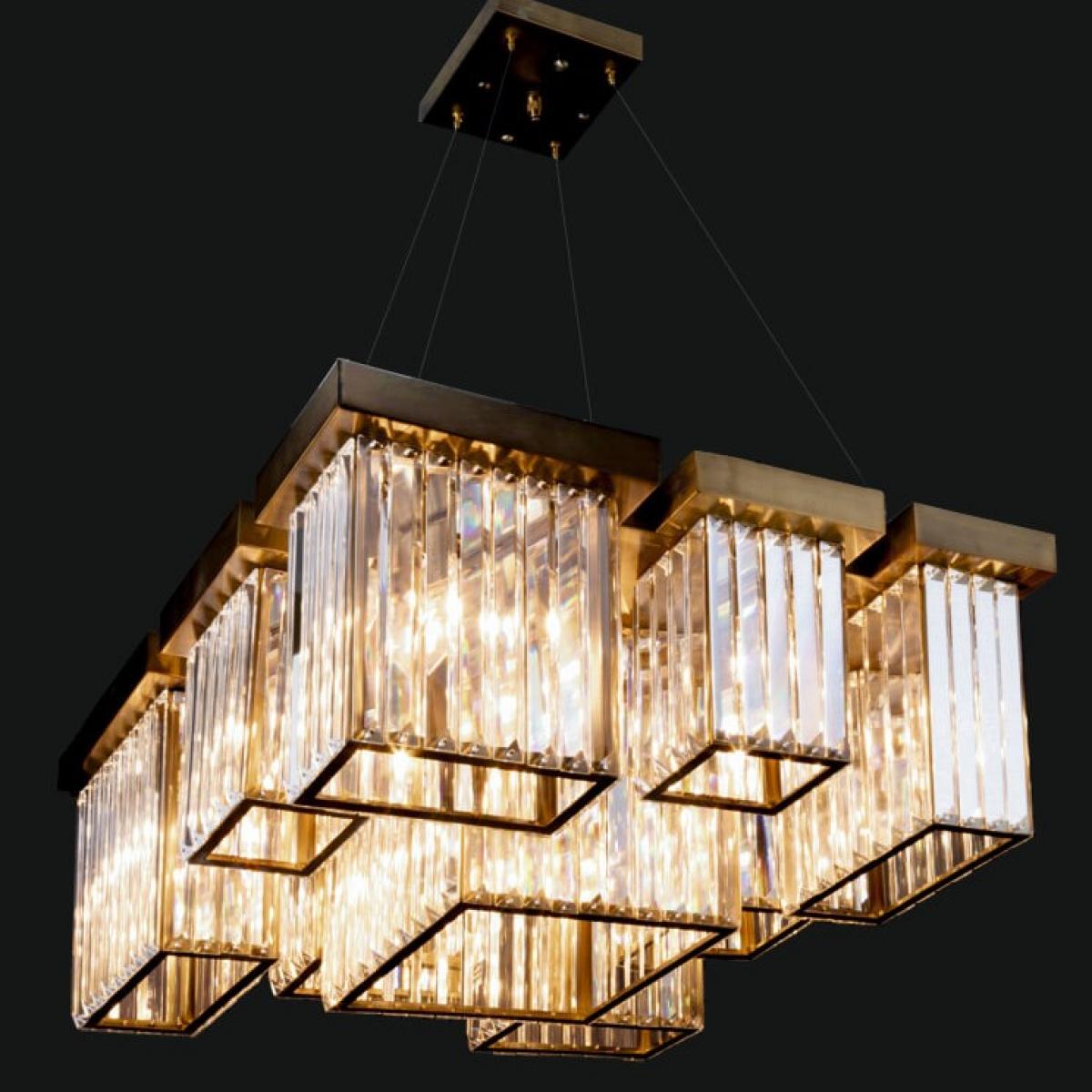 Luxury rectangular Brass finish modern glossy ornate crystal chandelier with Cubic Design Side View by Luxury Group International