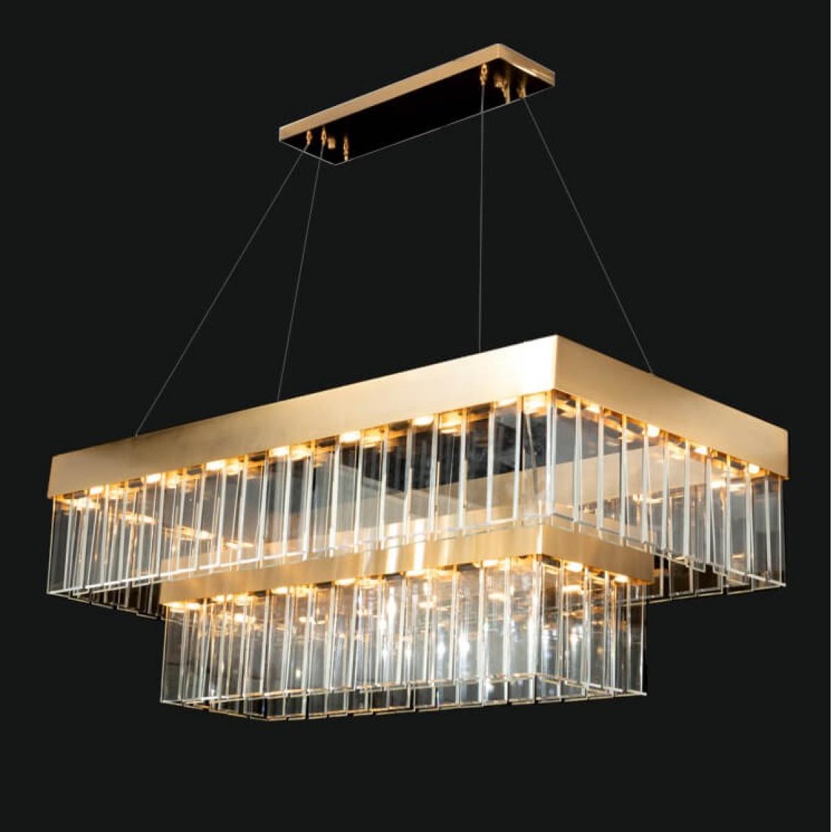 Luxury Rectangular Modern Adjustable Crystal Glass 2-Tier Chandelier Side View by Luxury Group International