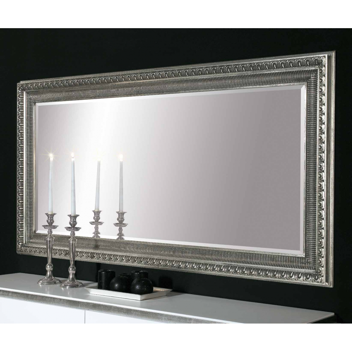 Luxury Rectangular Silver Baroque Wall Mirror with Sculpted Leaf Frame – 184 CM by Luxury Group International
