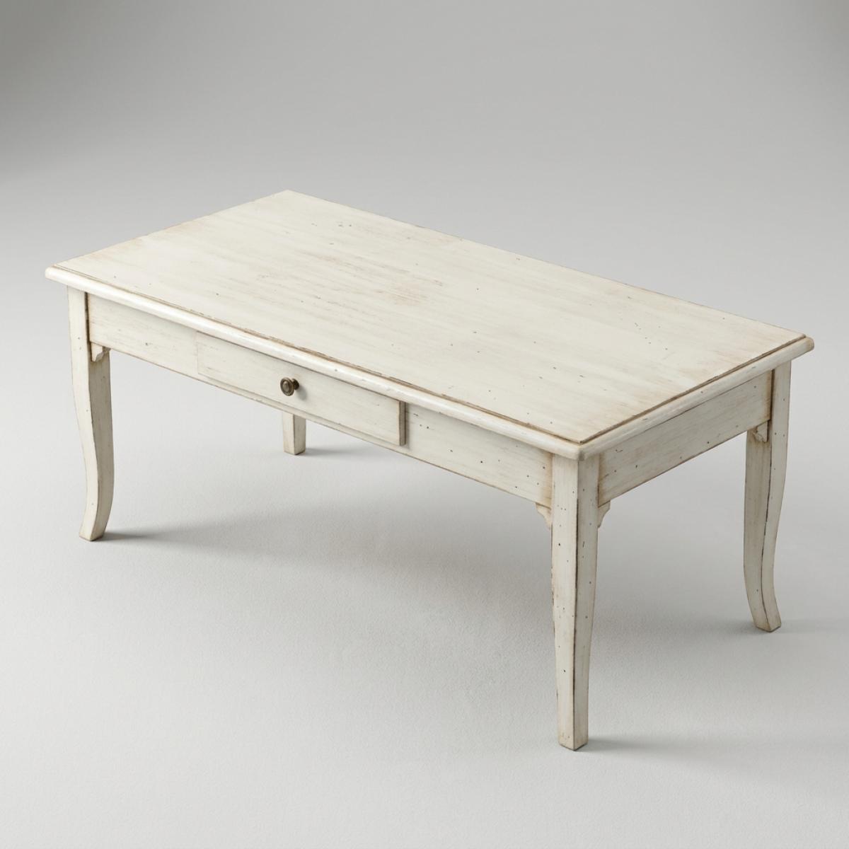Luxus Rechteckiger Holz-Couchtisch mit Antik-Elfenbein-Finish und Integriertem Schubladenspeicher Vorderansicht von Luxury Group International