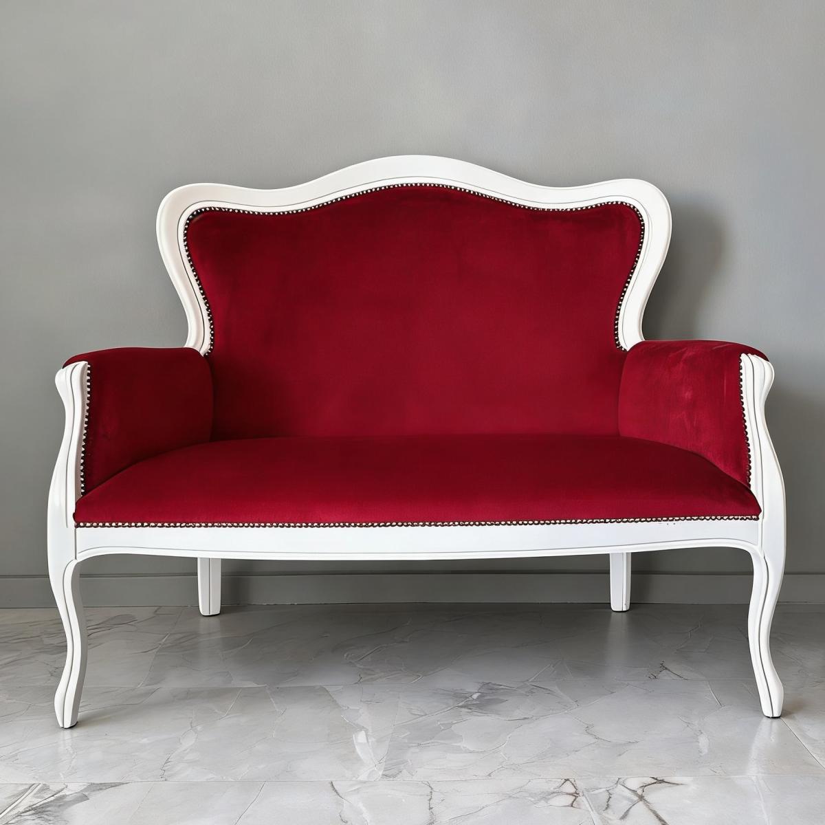 Luxus Rotes Samt-Zweisitzer-Sofa mit Weißem Geschwungenem Holzrahmen – Wohnzimmermöbel Vorderansicht von Luxury Group International