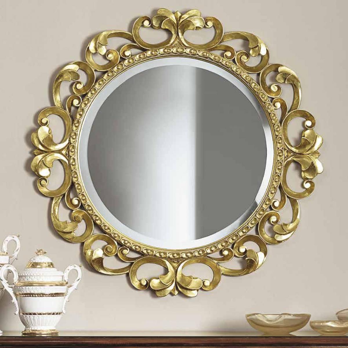 Luxury Round Baroque Wall Mirror with Open Scroll Gold Frame and Beaded Inner Border - Baroque Mirror Front View by Luxury Group International