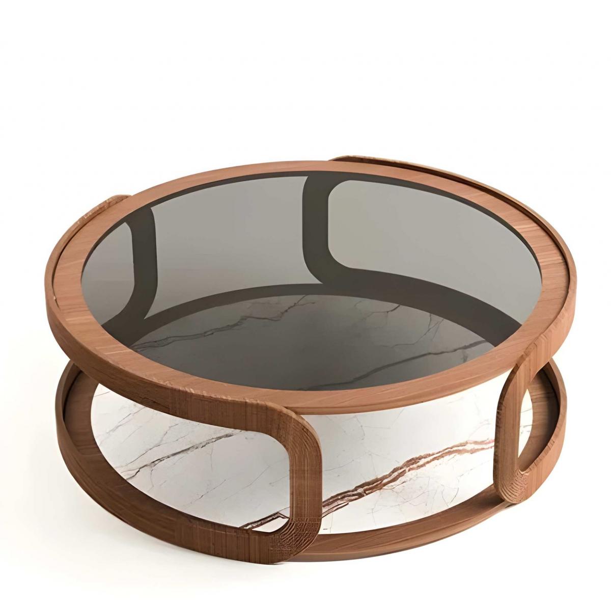 Table Basse de Luxe Ronde en Bois avec Plateau en Verre Marron / Beige Ø 120 x H. 40 cm par Luxury Group International