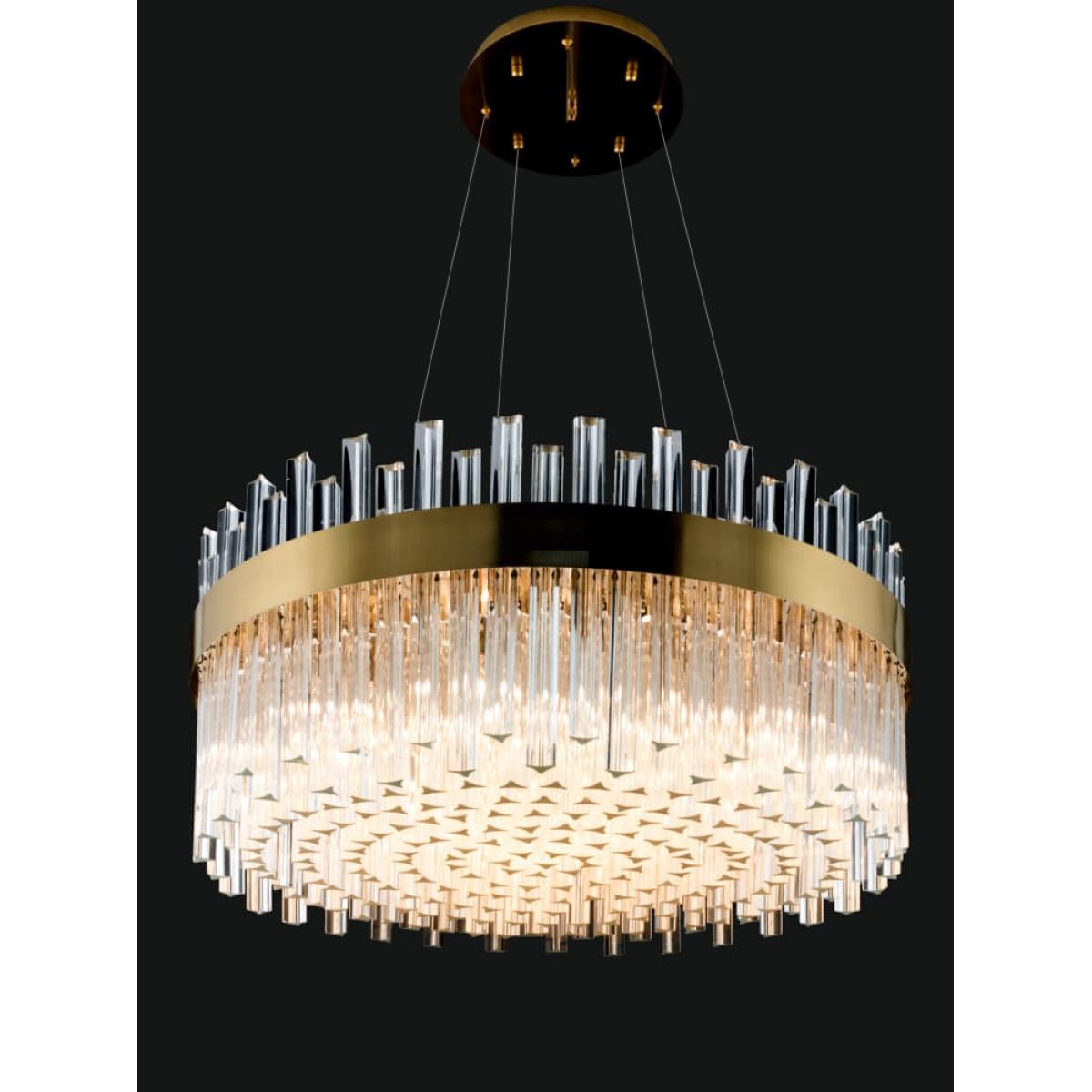 Luxury Round Gold Drum Crystal Chandelier with Glass Rod Design Side View by Luxury Group International
