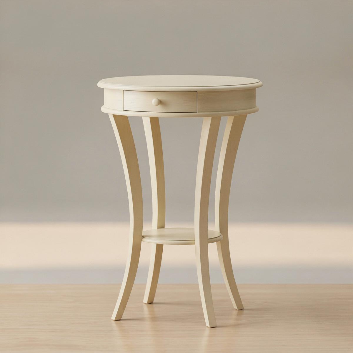 Table d'Appoint Ronde de Luxe avec Tiroir Intégré et Étagère Inférieure en Finition Crème Vue de face par Luxury Group International