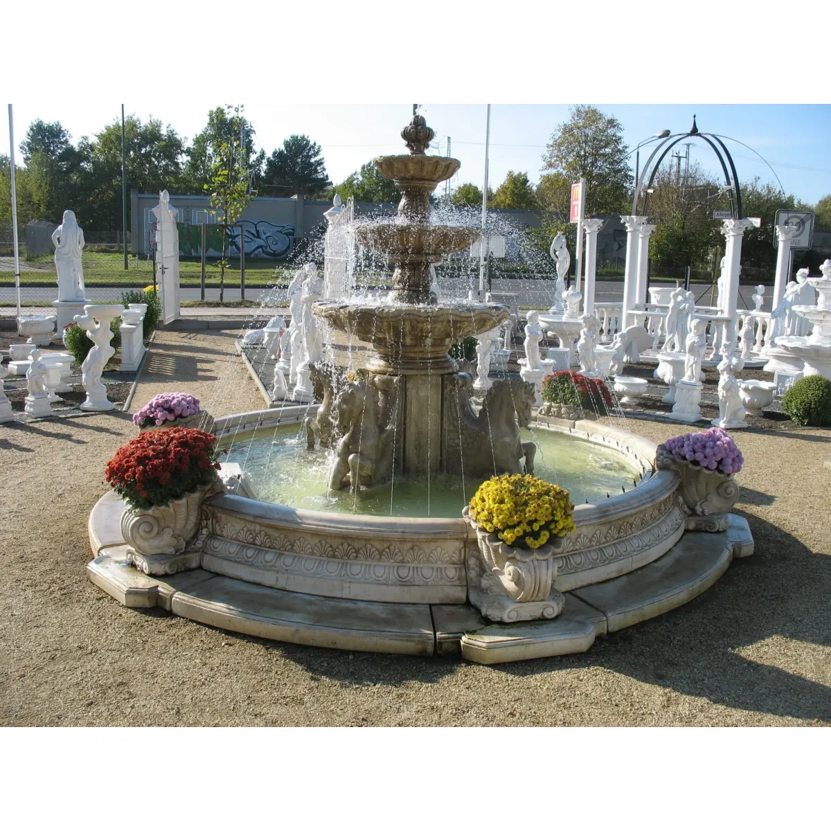 Luxury Sculpted Baroque Water Fountain with Tiered Bowls and Horse Motif Base - Baroque Fountain Front View by Luxury Group International