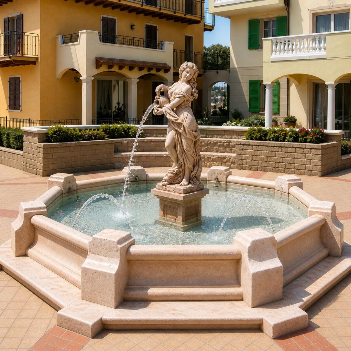 Luxury Sculptural Baroque Water Fountain with Central Figurine and Octagonal Basin - Baroque Fountain Front View by Luxury Group International