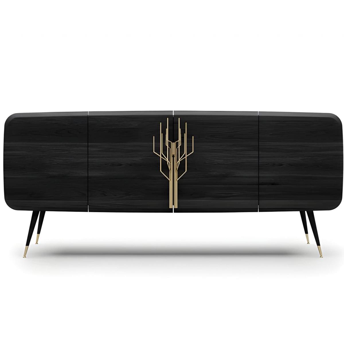 Luxury sideboard black / antique brass 220 x 55 x H. 98 cm - Solid wood cabinet with 4 doors Front View by Luxury Group International