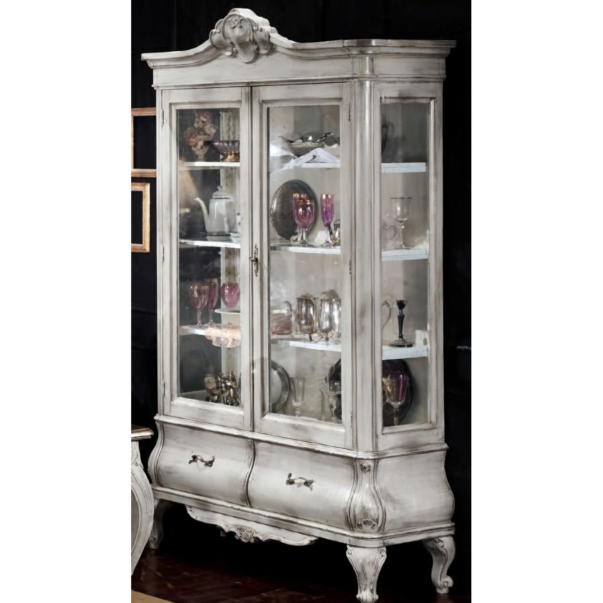 Luxury Silver Baroque Double Door Glass Display Cabinet with Sculpted Crest & Curved Storage Base Front View by Luxury Group International