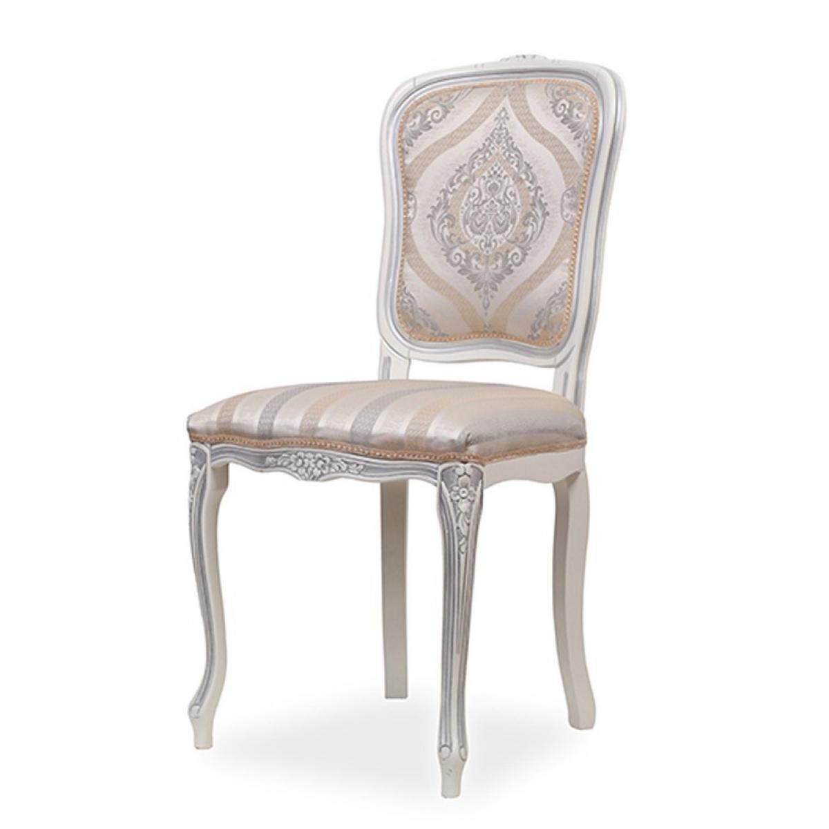 Luxury Silver Baroque Upholstered Dining Chair with Damask Pattern Ornamental Backrest Front View by Luxury Group International