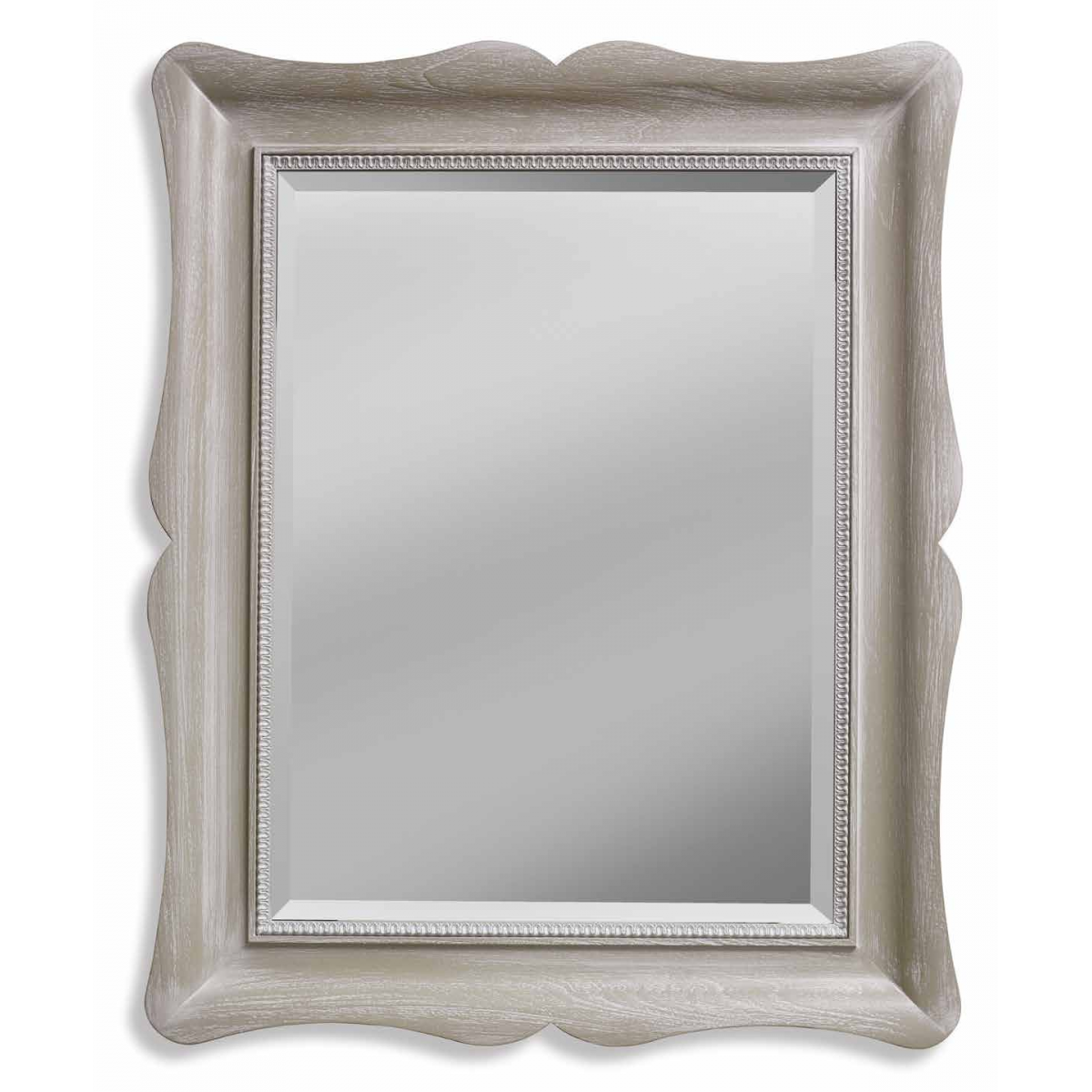 Luxury Silver Baroque Wall Mirror with Curved Scalloped Frame and Beaded Inner Border Front View by Luxury Group International