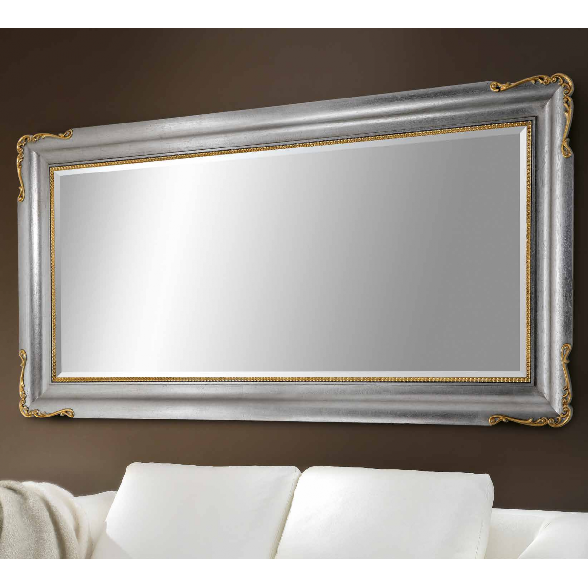Luxury Silver Baroque Wall Mirror with Gold Sculpted Corner Flourishes and Gilded Inner Trim - 185 CM by Luxury Group