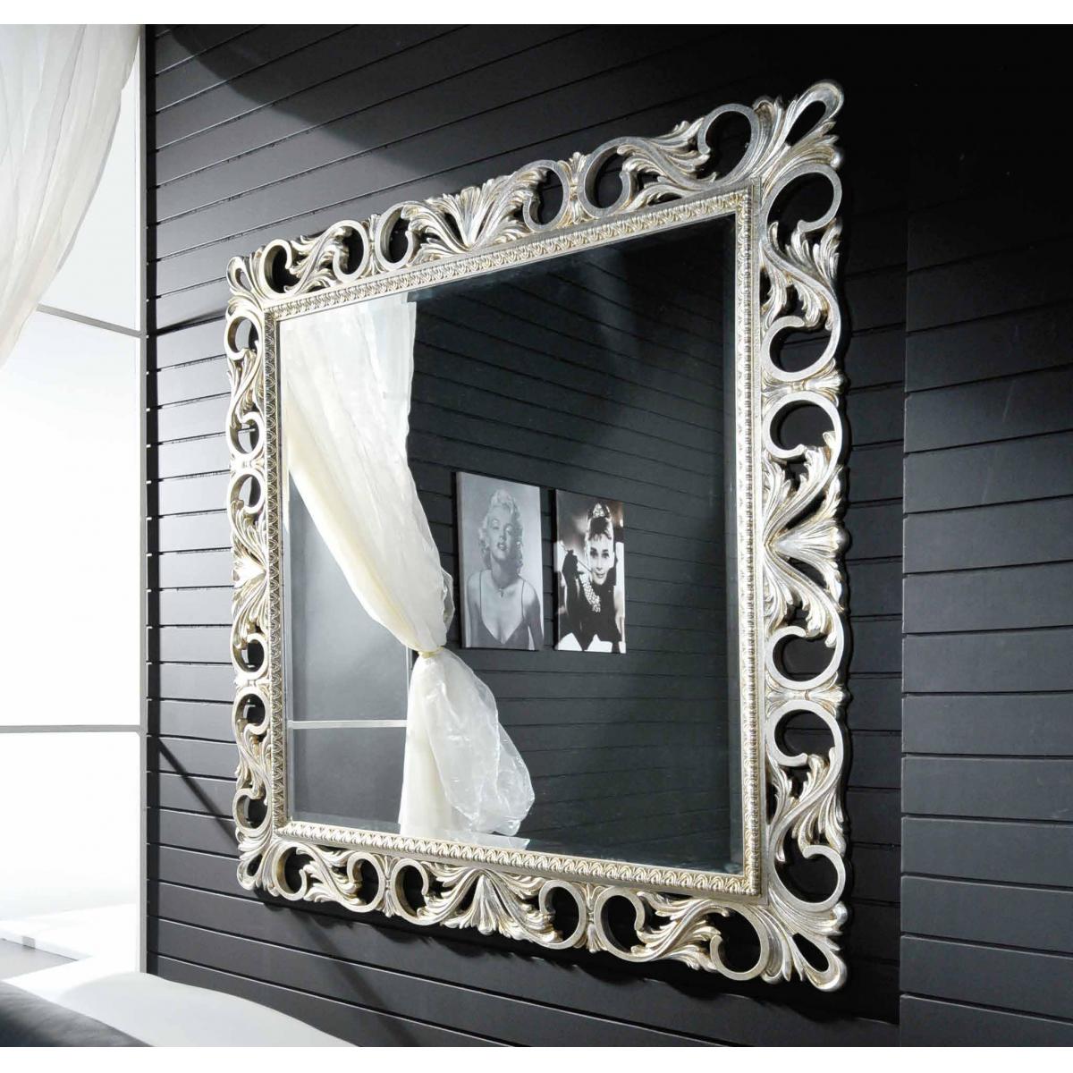 Luxury Silver Baroque Wall Mirror with Open Scroll Leaf Frame and Ornate Crest Detailing - Baroque Mirror Front View by Luxury Group International