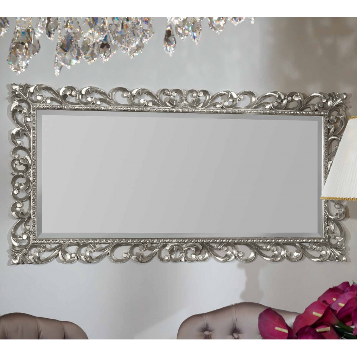 Luxury Silver Baroque Wall Mirror with Ornamental Open-Scroll Frame and Beaded Inner Trim – 185 CM by Luxury Group