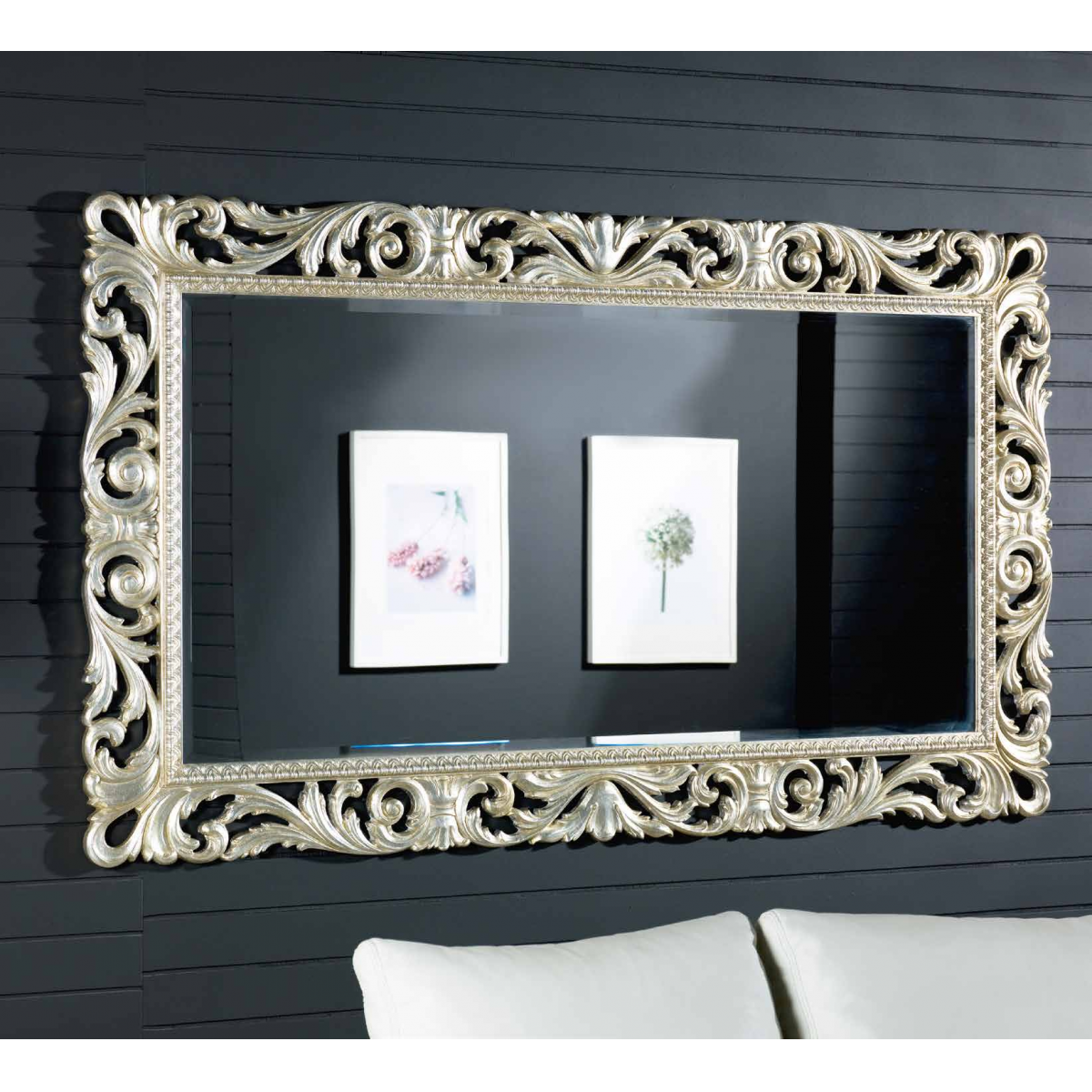 Luxury Silver Baroque Wall Mirror with Scroll-and-Leaf Carving and Framed Inner Trim – 192 CM by Luxury Group International