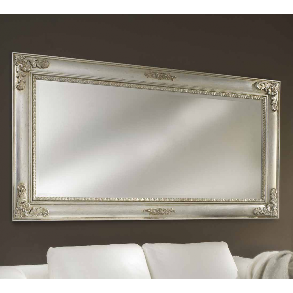Luxury Silver Baroque Wall Mirror with Sculpted Leaf Corners and Central Ornamental Crest Detailing - 187 CM by Luxury Group