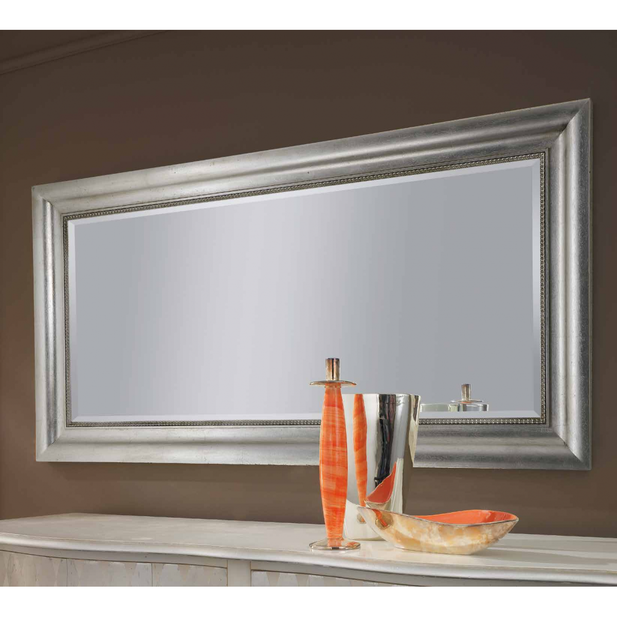 Luxury Silver Beveled Frame Baroque Wall Mirror with Refined Inner Bead Border - 185 CM by Luxury Group International