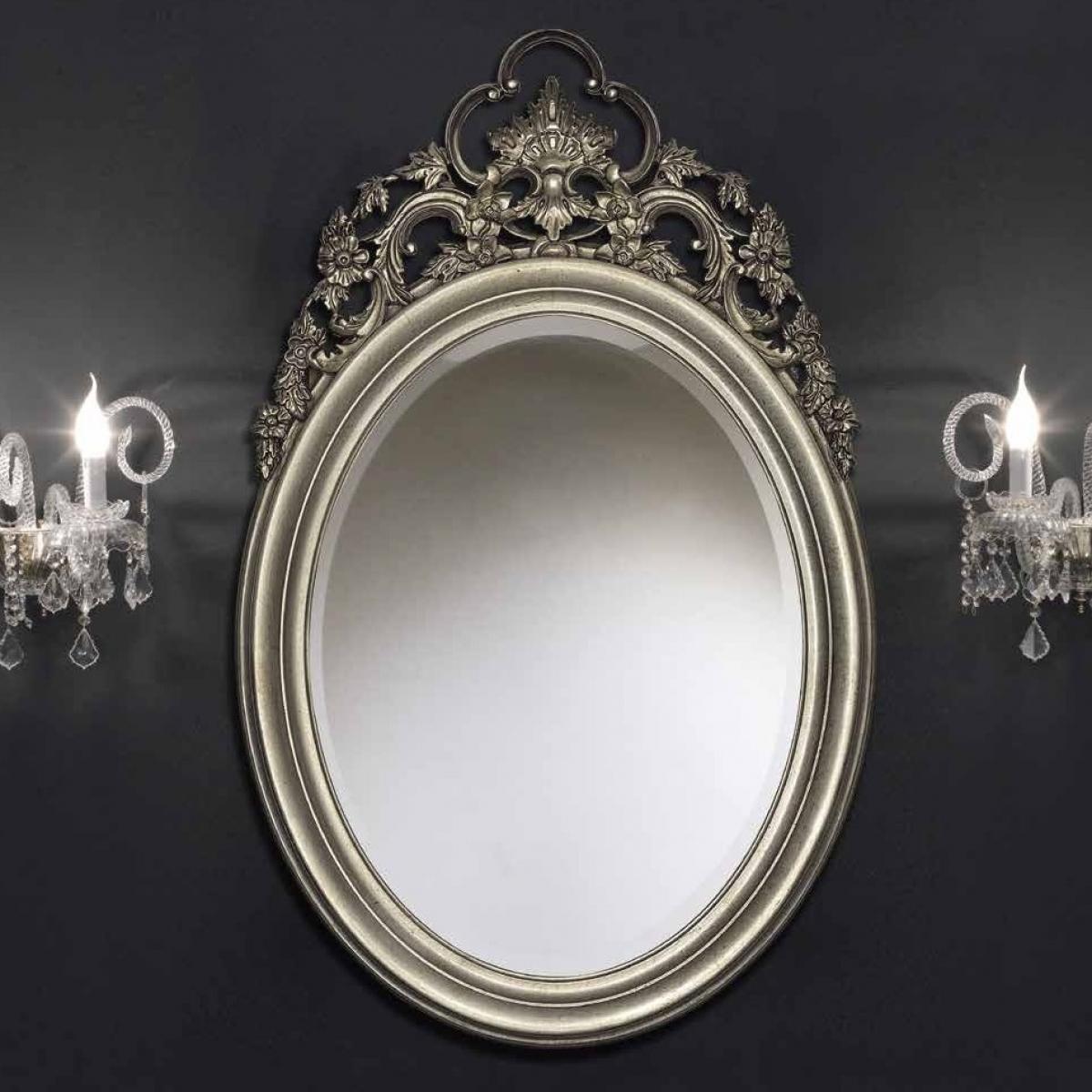Luxury Silver Oval Baroque Wall Mirror with Floral Crest & Ornamental Crown - Baroque Mirror Front View by Luxury Group International