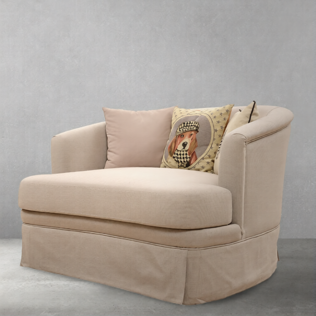 Luxury Single-Seater Sofa in Beige Linen Upholstery with Curved Backrest - Living Room Furniture Front View by Luxury Group International