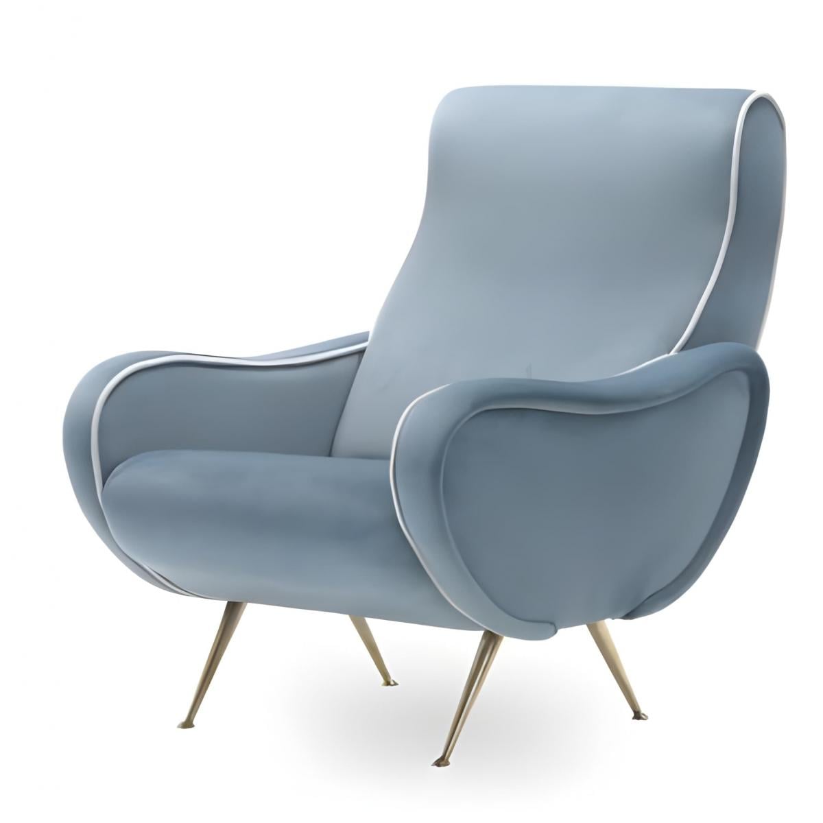 Luxuriöser himmelblauer gepolsterter Sessel mit geschwungener Rückenlehne und Beinen aus Messing von Luxury Group