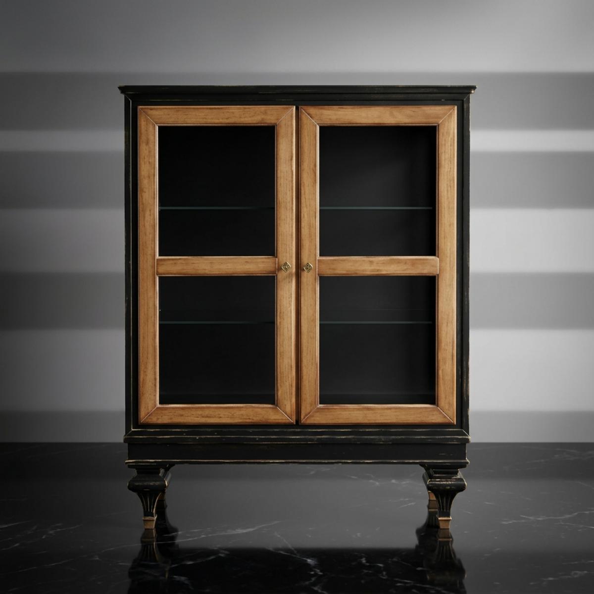 Luxury Small Black Baroque Display Cabinet with Two Glass Doors in Wooden Frame - Baroque Furniture Front View by Luxury Group International
