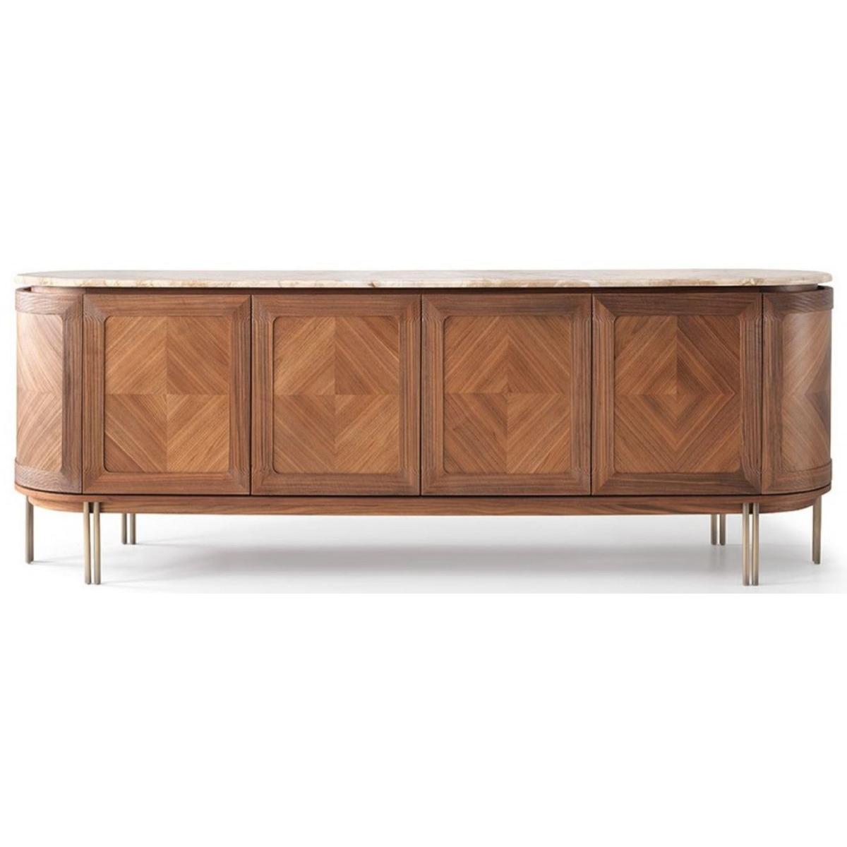 Buffet ovale de luxe en bois massif marron / beige / laiton - avec 4 portes et plateau en marbre par Luxury Group International