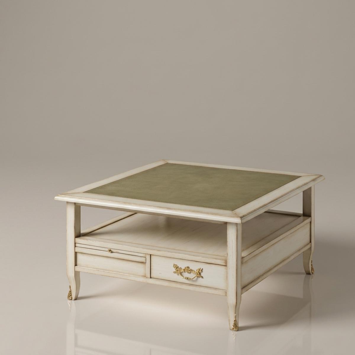 Luxus Quadratischer Couchtisch mit Antik-Elfenbein-Finish und Integriertem Schubladenspeicher Vorderansicht von Luxury Group International