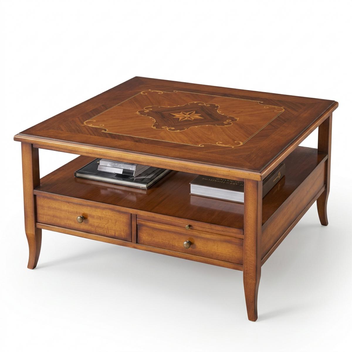 Luxus Quadratischer Couchtisch mit Dekorativem Marketerie-Top und Integriertem Schubladenspeicher Vorderansicht von Luxury Group International