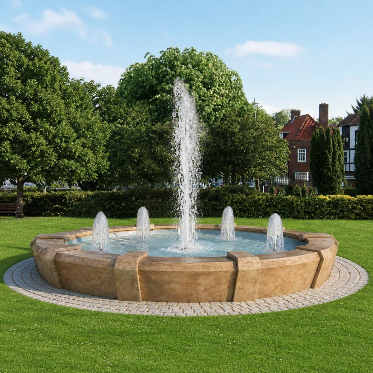 Luxuriöser Barock-Wasserbrunnen mit Steinoptik und radialem Düsen-System in breitem Becken – Barockbrunnen Vorderansicht von Luxury Group International