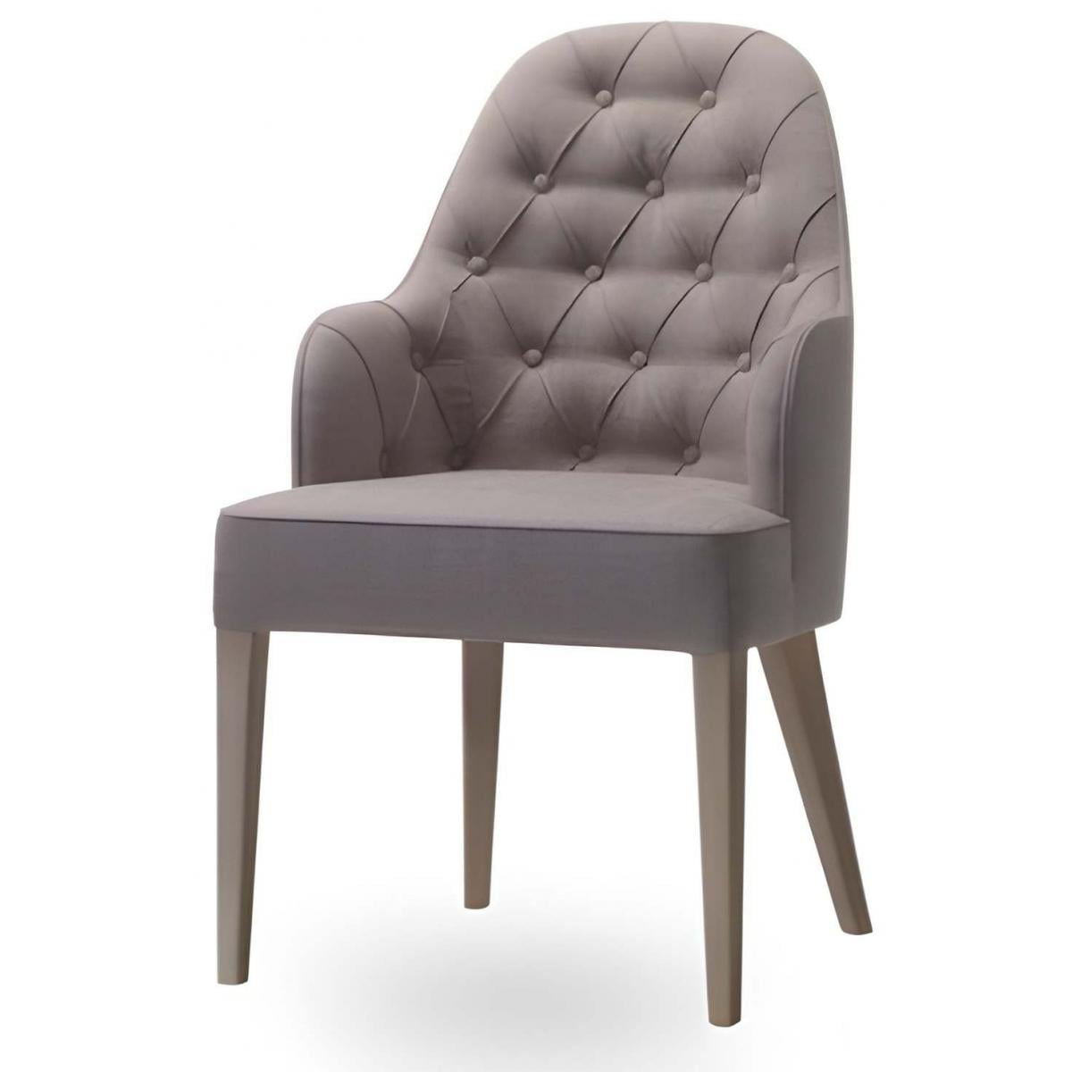 Luxuriöser Taupe gepolsterter Dining-Sessel mit Knöpfen und Massivholzfüßen von Luxury Group International