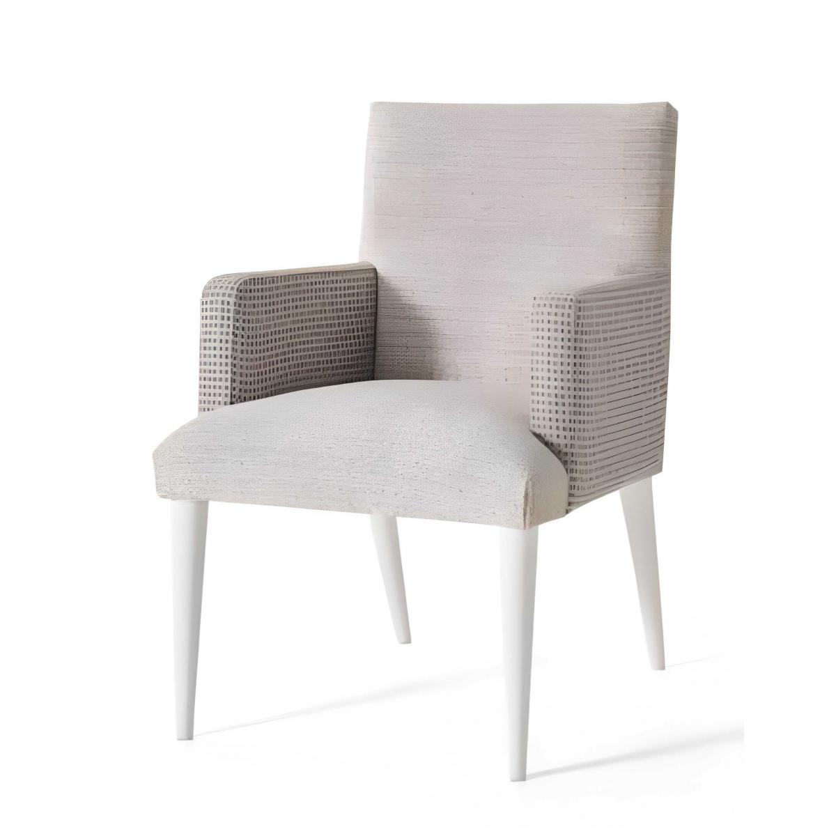 Luxuriöser strukturierter gepolsterter Esszimmer-Sessel in zartem Elfenbein mit gemusterten Armlehnen und mattweißen Beinen