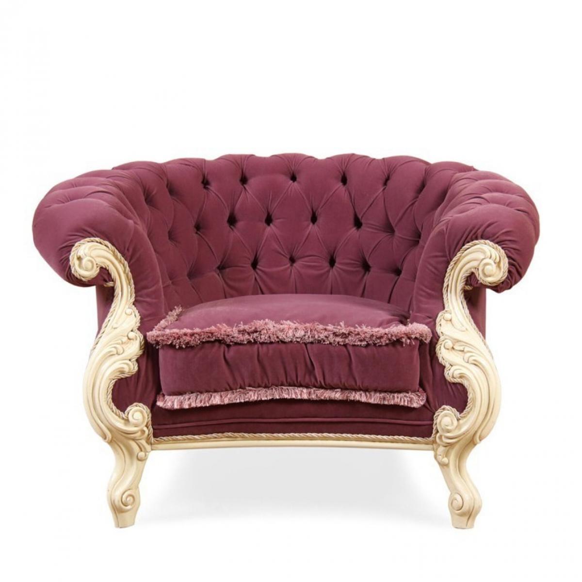 Luxus Barock Sesselsofa mit Knopfheftung in Goldsamt & Pflaumensamt Varianten mit Perlmuttgeschnitztem Rahmen Vorderansicht von Luxury Group International