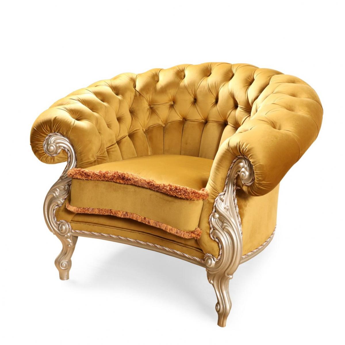 Luxus Barock Sesselsofa mit Knopfheftung in Goldsamt & Pflaumensamt Varianten mit Perlmuttgeschnitztem Rahmen Vorderansicht von Luxury Group International