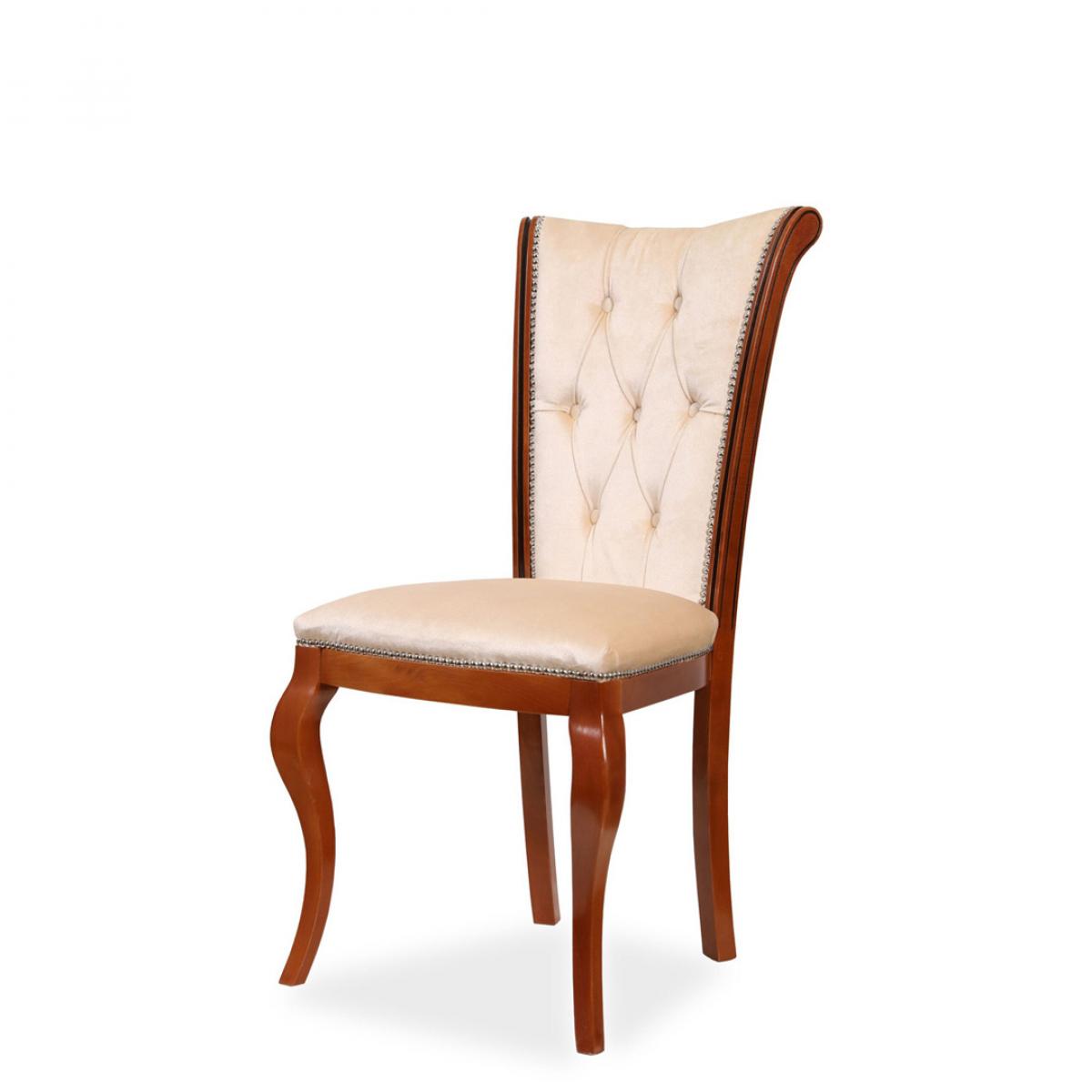 Luxury Tufted Upholstered Dining Chair in Cream Velvet with Walnut Curved Frame Front View by Luxury Group International
