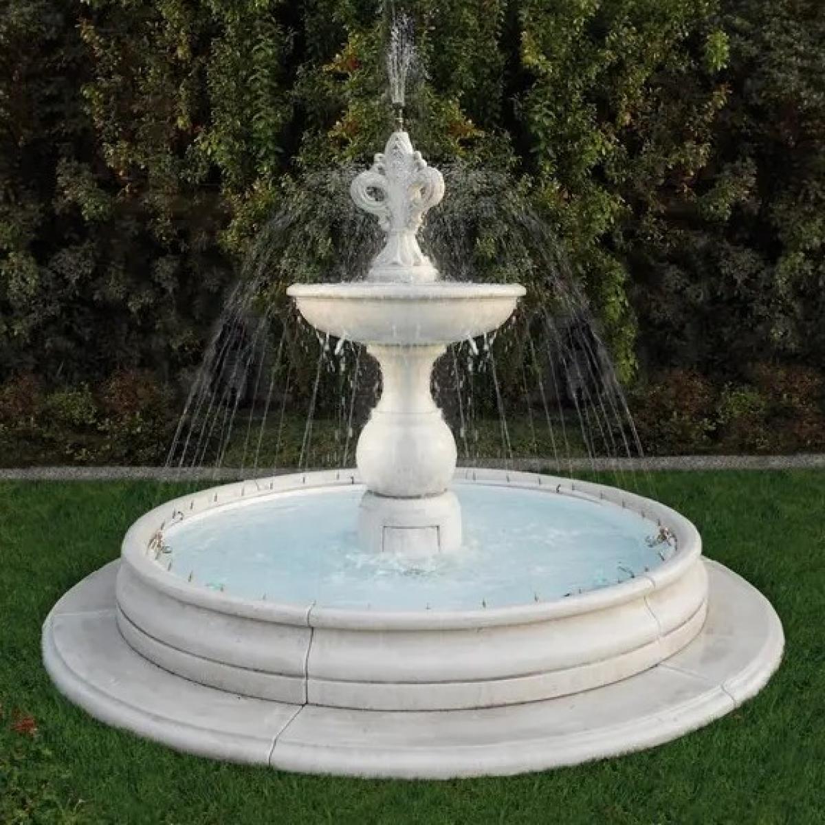 Luxury Two-Tier White Stone Baroque Fountain with Sculpted Finial - Baroque Fountain Front View by Luxury Group International