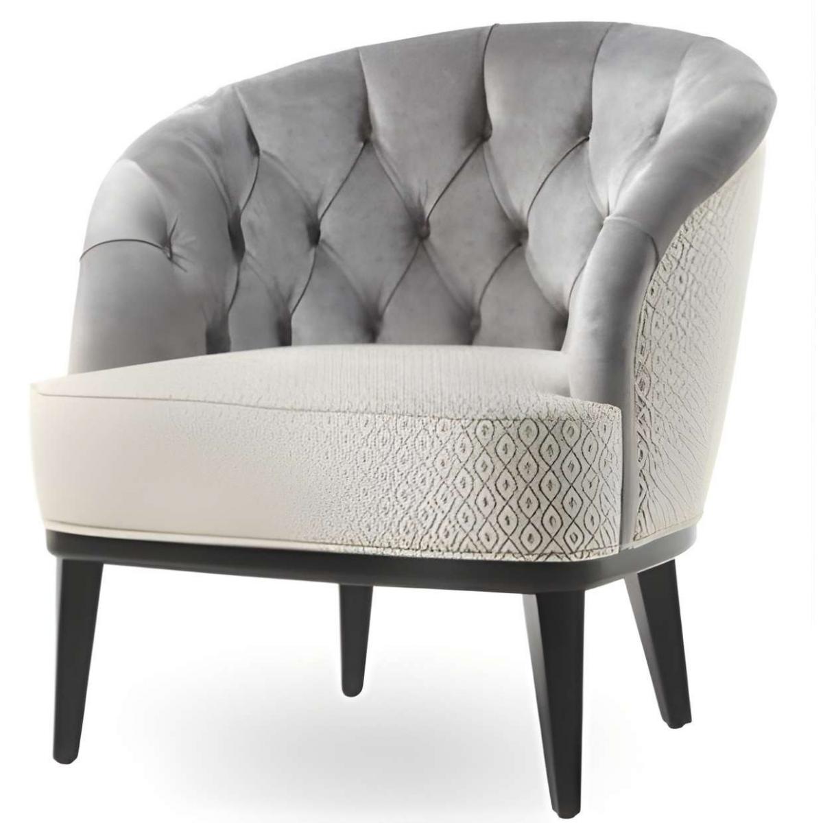 Luxuriöser gepolsterter Sessel aus perlgrauem Samt mit knopfgetufteter Rückenlehne und strukturierten Seitenteilen auf