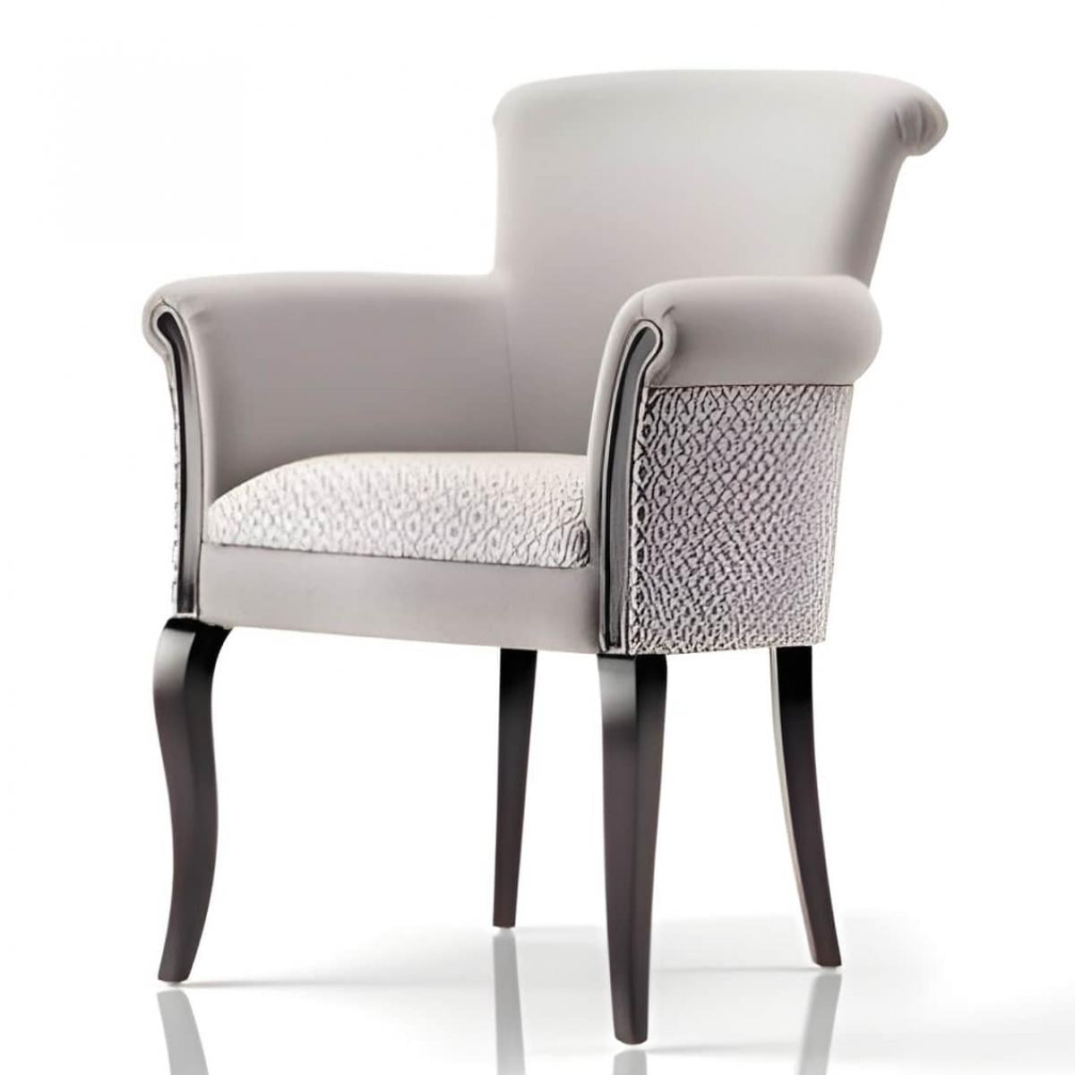 Luxuriöser gepolsterter Esstischsessel aus weichem elfenbeinfarbenem Strukturstoff mit gemusterten Seitenteilen und Beinen