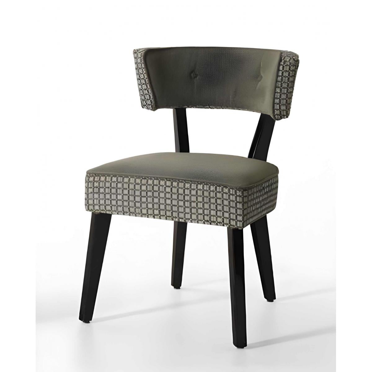 Luxuriöser gepolsterter Esszimmerstuhl aus olivgrauem, strukturiertem Stoff mit Mosaik-Details und schwarzen Holzbeinen von
