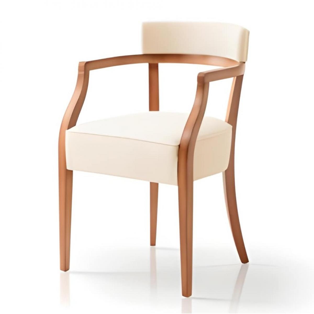 Luxuriöser gepolsterter Esszimmerstuhl aus weichem beigefarbenem Stoff mit offenem Armrahmen und geschwungenen, polierten