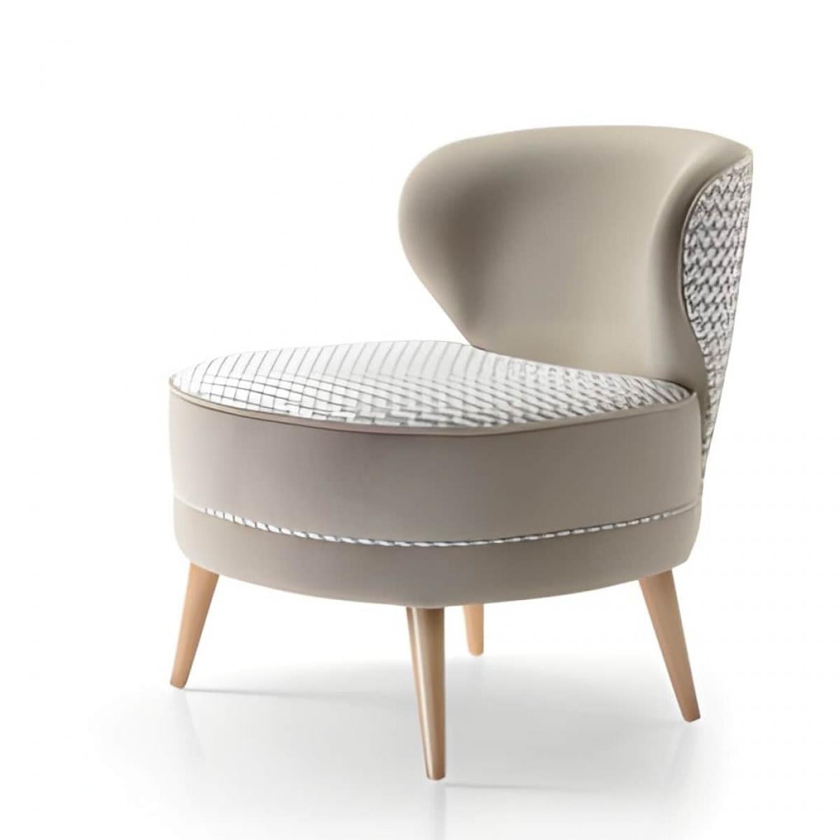 Luxuriöser gepolsterter Esszimmerstuhl aus taupefarbenem Stoff mit geometrisch geschwungener Rückenlehne und sich