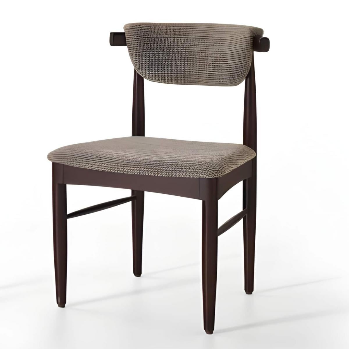 Luxuriöser gepolsterter Esszimmerstuhl aus geripptem Stoff in Taupe mit Gestell aus dunklem Nussbaumholz und strukturierter